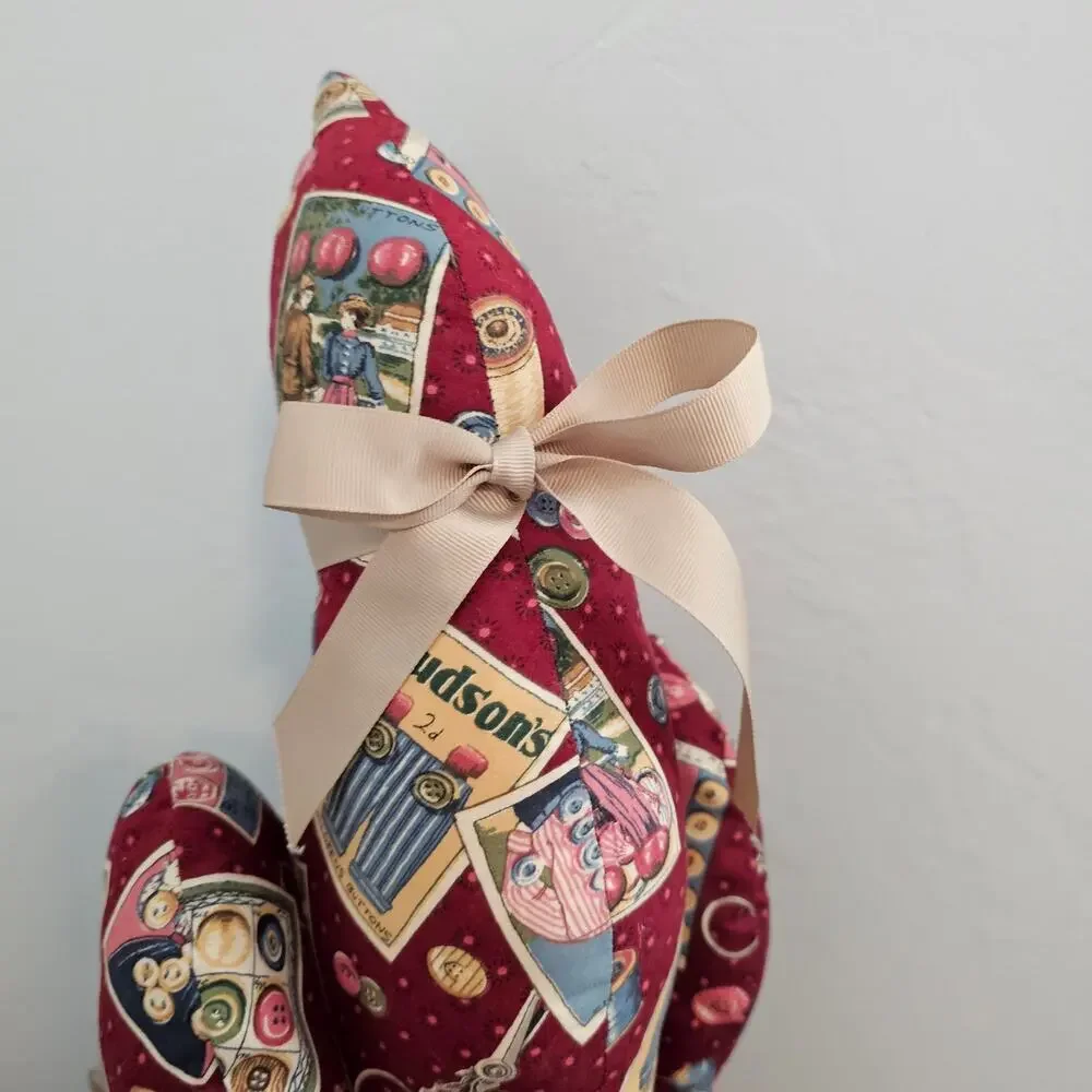 Vintage Handmade Cat Plush Red Patchwork Shelf Sitter Sewing Cottage Kitty Cats
